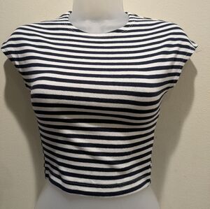 Zara Navy and White Striped Crop Top Size Medium